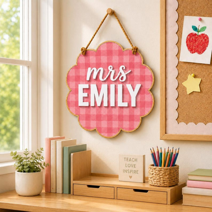 Pancarte de porte personnalisée pour professeur, suspension de porte de classe vichy personnalisée, plaque nominative en bois, cadeau de rentrée des classes pour enseignant