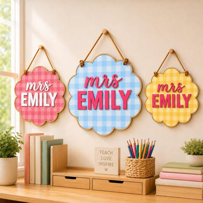 Pancarte de porte personnalisée pour professeur, suspension de porte de classe vichy personnalisée, plaque nominative en bois, cadeau de rentrée des classes pour enseignant