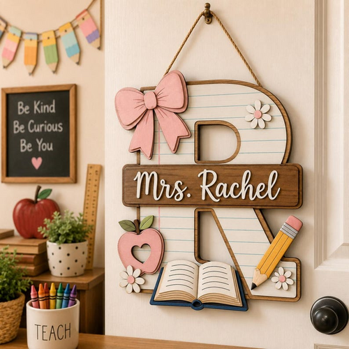 Personalized Teacher Door Sign, Custom Monogram Classroom Name Sign, Wooden Initial Door Hanger, Back to School Teacher Gift