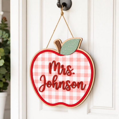 Personalized Apple Gingham Teacher Door Sign, Custom Teacher Name Plaque, Welcome To Our Classroom Sign, Back to School Gift, Teacher Gifts