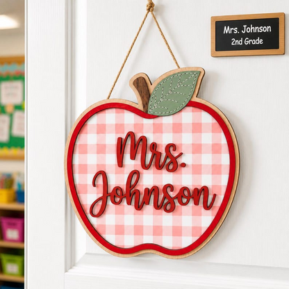 Personalized Apple Gingham Teacher Door Sign, Custom Teacher Name Plaque, Welcome To Our Classroom Sign, Back to School Gift, Teacher Gifts