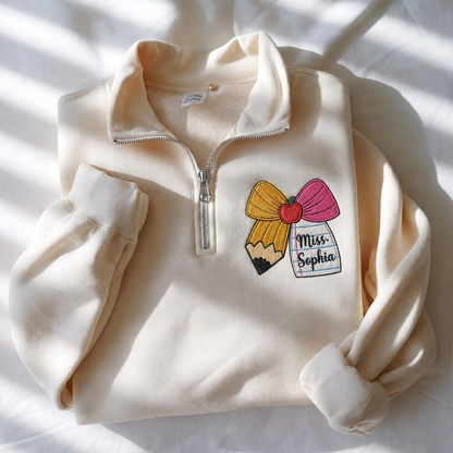 Personalized Teacher Pencil & Apple Quarter Zip Pullover – Custom Teacher Name Sweatshirt
