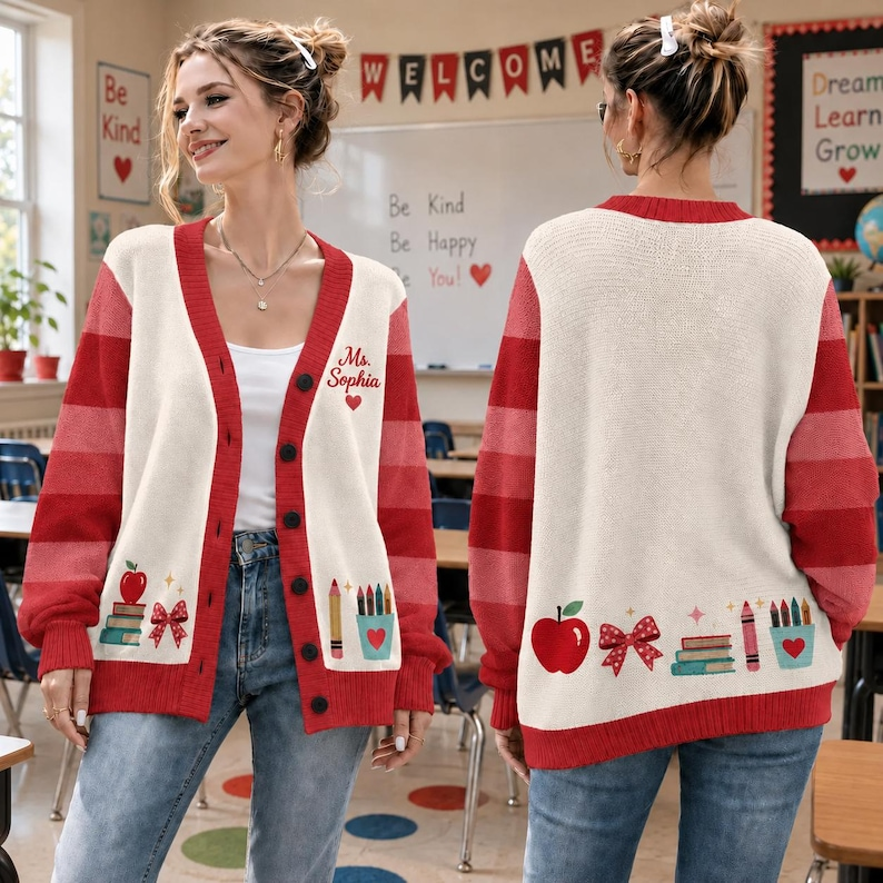 Personalized Teacher Cardigan Sweater, Custom Teacher Name Knit Cardigan, Back to School Teacher Gift, Cute Classroom Apparel. Teacher Shirt