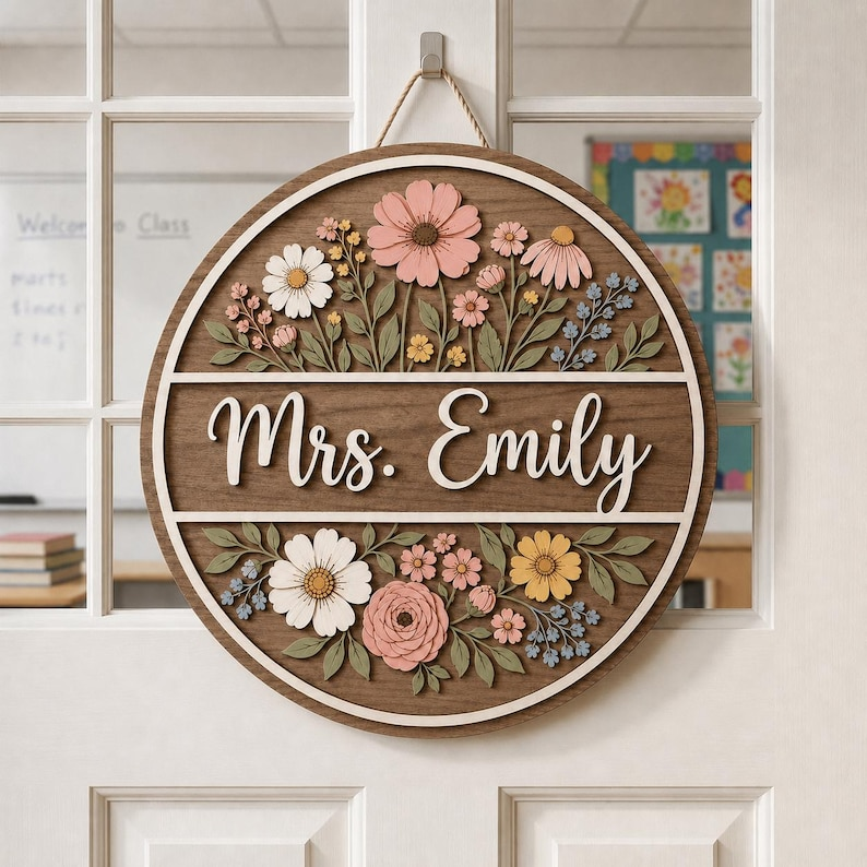 Personalized Wildflower Teacher Door Sign, Floral Classroom Door Hanger, Custom Teacher Name Sign, Boho Teacher Decor, Teacher Gift