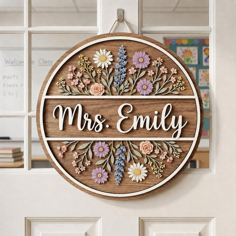 Panneau de porte personnalisé pour enseignant « Fleurs sauvages », décoration de porte de salle de classe florale, panneau de nom d'enseignant personnalisé, décoration d'enseignant bohème, cadeau pour enseignant