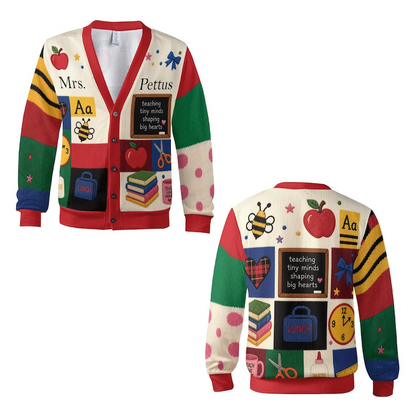 Personalized Teacher Name Knitted Cardigan: School Teacher Cardigan, Teacher Appreciation Gift, School Supplies Print Cardigan, Teacher Gift