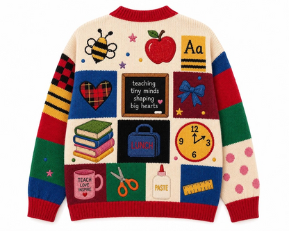 Personalized Teacher Name Knitted Cardigan: School Teacher Cardigan, Teacher Appreciation Gift, School Supplies Print Cardigan, Teacher Gift