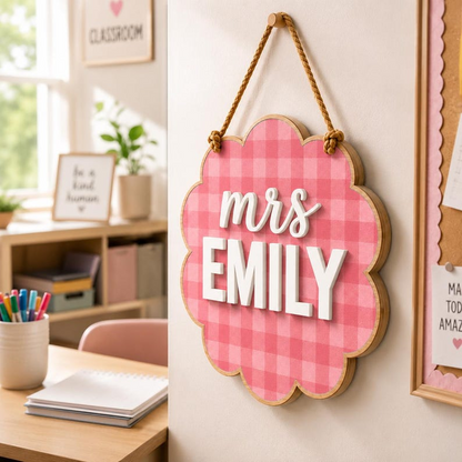 Pancarte de porte personnalisée pour professeur, suspension de porte de classe vichy personnalisée, plaque nominative en bois, cadeau de rentrée des classes pour enseignant
