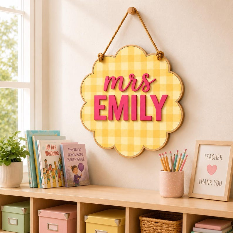 Pancarte de porte personnalisée pour professeur, suspension de porte de classe vichy personnalisée, plaque nominative en bois, cadeau de rentrée des classes pour enseignant