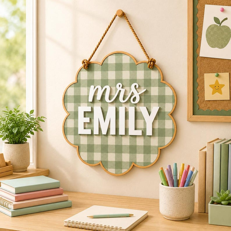 Pancarte de porte personnalisée pour professeur, suspension de porte de classe vichy personnalisée, plaque nominative en bois, cadeau de rentrée des classes pour enseignant