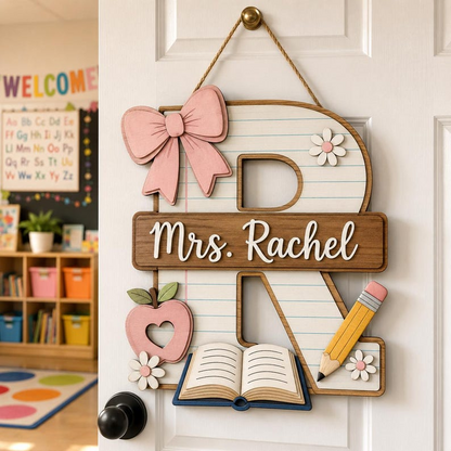 Personalized Teacher Door Sign, Custom Monogram Classroom Name Sign, Wooden Initial Door Hanger, Back to School Teacher Gift