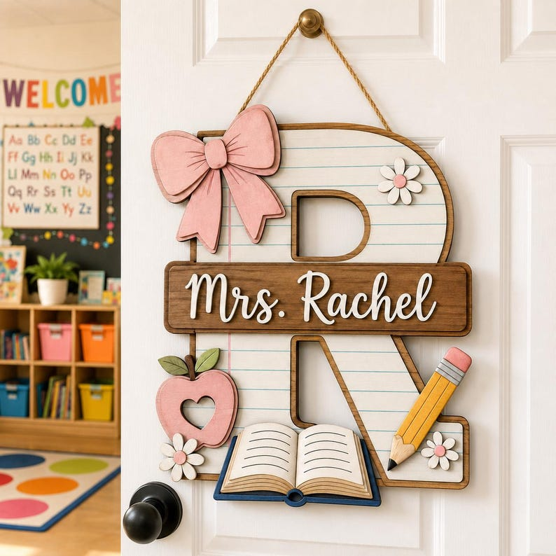 Personalized Teacher Door Sign, Custom Monogram Classroom Name Sign, Wooden Initial Door Hanger, Back to School Teacher Gift