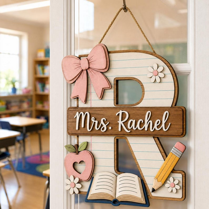 Personalized Teacher Door Sign, Custom Monogram Classroom Name Sign, Wooden Initial Door Hanger, Back to School Teacher Gift