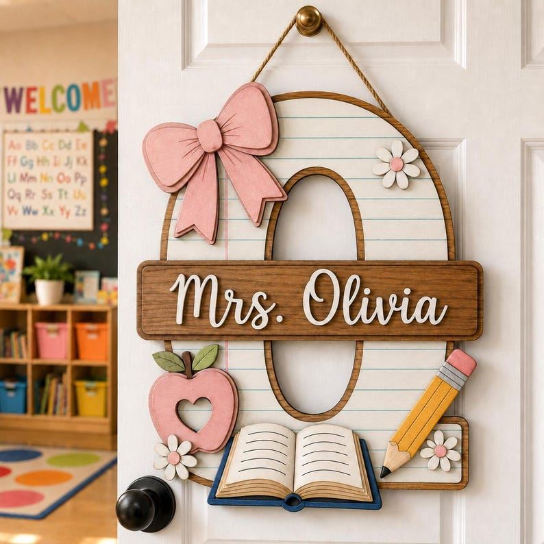 Personalized Teacher Door Sign, Custom Monogram Classroom Name Sign, Wooden Initial Door Hanger, Back to School Teacher Gift