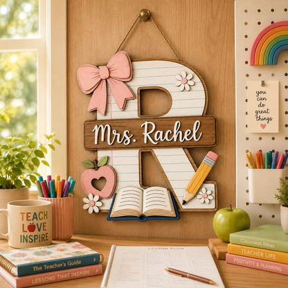 Personalized Teacher Door Sign, Custom Monogram Classroom Name Sign, Wooden Initial Door Hanger, Back to School Teacher Gift