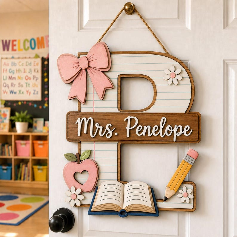 Personalized Teacher Door Sign, Custom Monogram Classroom Name Sign, Wooden Initial Door Hanger, Back to School Teacher Gift
