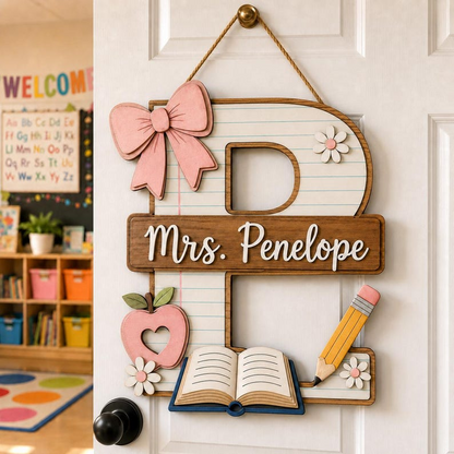 Personalized Teacher Door Sign, Custom Monogram Classroom Name Sign, Wooden Initial Door Hanger, Back to School Teacher Gift