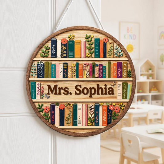 Personalized Vintage Bookshelf Teacher 3D Door Sign Back To School Gift, Custom Name Librarian Door Hanger For Library, Book Lover Gifts