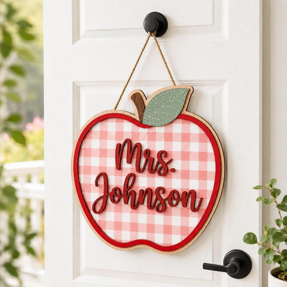 Personalized Apple Gingham Teacher Door Sign, Custom Teacher Name Plaque, Welcome To Our Classroom Sign, Back to School Gift, Teacher Gifts