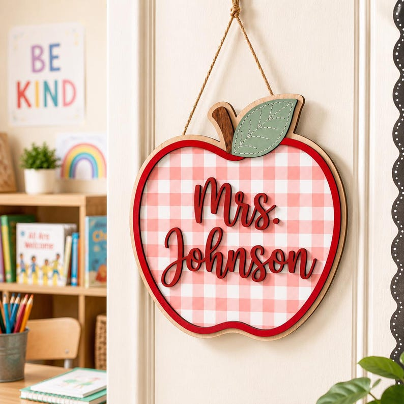 Personalized Apple Gingham Teacher Door Sign, Custom Teacher Name Plaque, Welcome To Our Classroom Sign, Back to School Gift, Teacher Gifts
