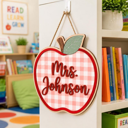 Personalized Apple Gingham Teacher Door Sign, Custom Teacher Name Plaque, Welcome To Our Classroom Sign, Back to School Gift, Teacher Gifts