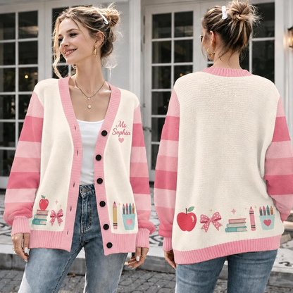 Personalized Teacher Cardigan Sweater, Custom Teacher Name Knit Cardigan, Back to School Teacher Gift, Cute Classroom Apparel. Teacher Shirt