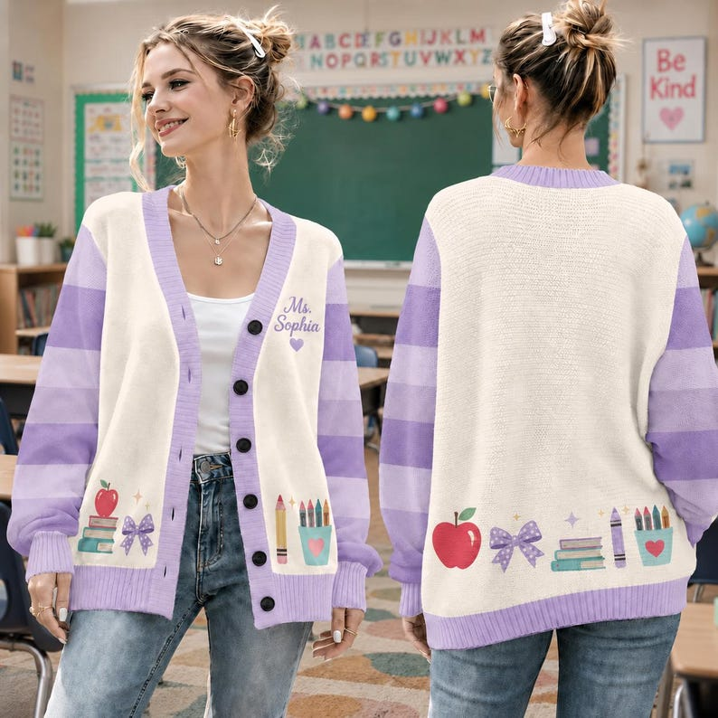 Personalized Teacher Cardigan Sweater, Custom Teacher Name Knit Cardigan, Back to School Teacher Gift, Cute Classroom Apparel. Teacher Shirt
