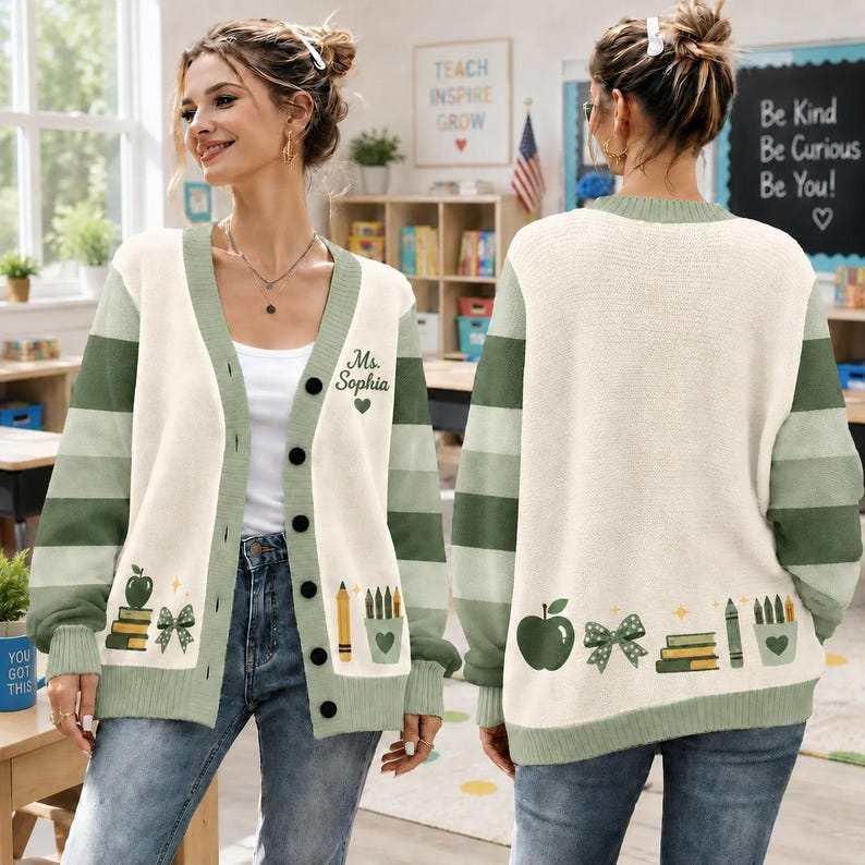 Personalized Teacher Cardigan Sweater, Custom Teacher Name Knit Cardigan, Back to School Teacher Gift, Cute Classroom Apparel. Teacher Shirt
