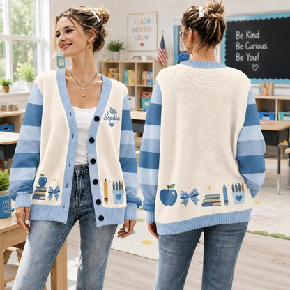 Personalized Teacher Cardigan Sweater, Custom Teacher Name Knit Cardigan, Back to School Teacher Gift, Cute Classroom Apparel. Teacher Shirt