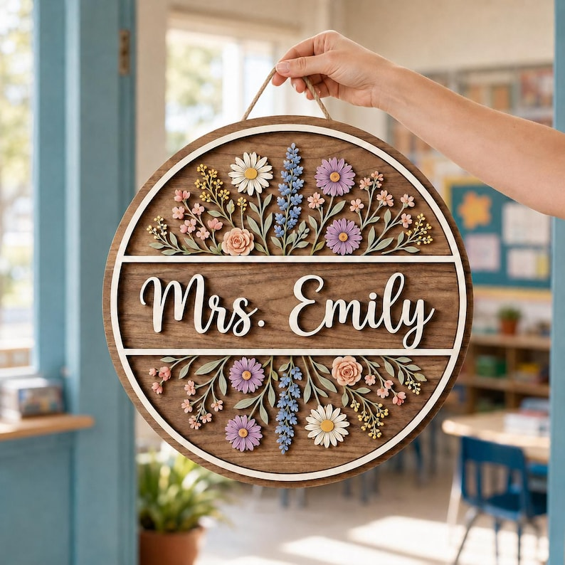 Personalized Wildflower Teacher Door Sign, Floral Classroom Door Hanger, Custom Teacher Name Sign, Boho Teacher Decor, Teacher Gift