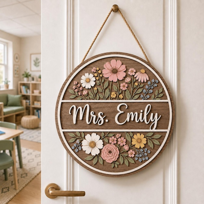 Personalized Wildflower Teacher Door Sign, Floral Classroom Door Hanger, Custom Teacher Name Sign, Boho Teacher Decor, Teacher Gift