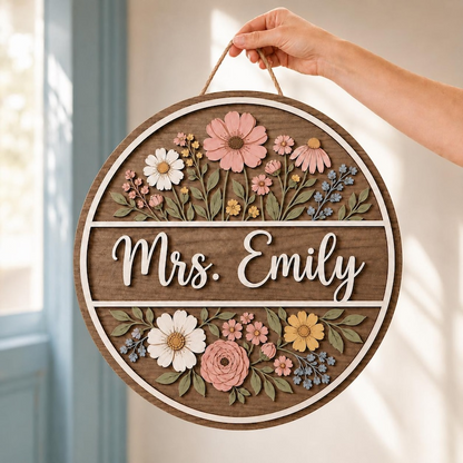 Personalized Wildflower Teacher Door Sign, Floral Classroom Door Hanger, Custom Teacher Name Sign, Boho Teacher Decor, Teacher Gift
