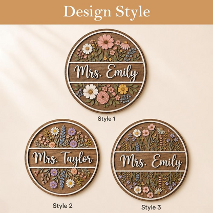 Personalized Wildflower Teacher Door Sign, Floral Classroom Door Hanger, Custom Teacher Name Sign, Boho Teacher Decor, Teacher Gift