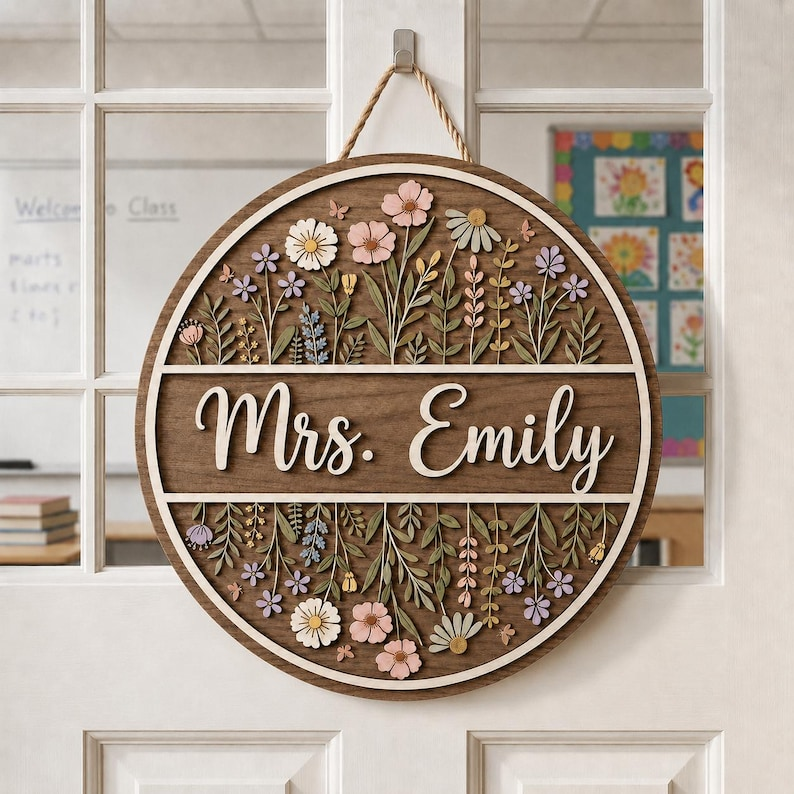 Personalized Wildflower Teacher Door Sign, Floral Classroom Door Hanger, Custom Teacher Name Sign, Boho Teacher Decor, Teacher Gift