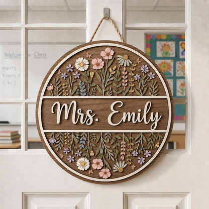 Personalized Wildflower Teacher Door Sign, Floral Classroom Door Hanger, Custom Teacher Name Sign, Boho Teacher Decor, Teacher Gift
