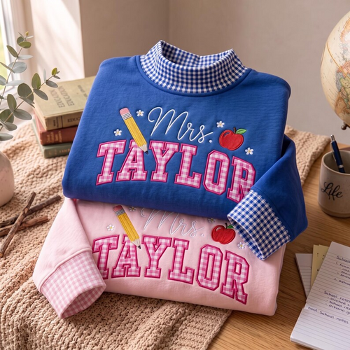 Embroidered Teacher Mock Neck Shirt, Gingham Name Pullover, Custom School Apparel, Educator Appreciation Gift, Teacher Appreciation Gift