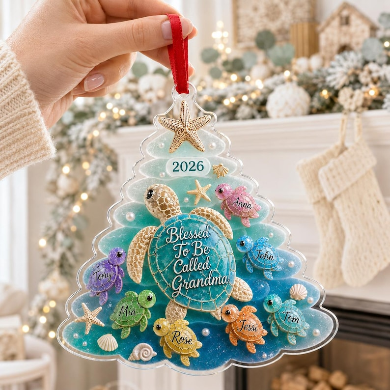 Personalized Grandma Sea Turtle Ornament, Custom Grandkids Names Christmas Gift, Coastal Family Acrylic Ornament, Grandma Gift 2026