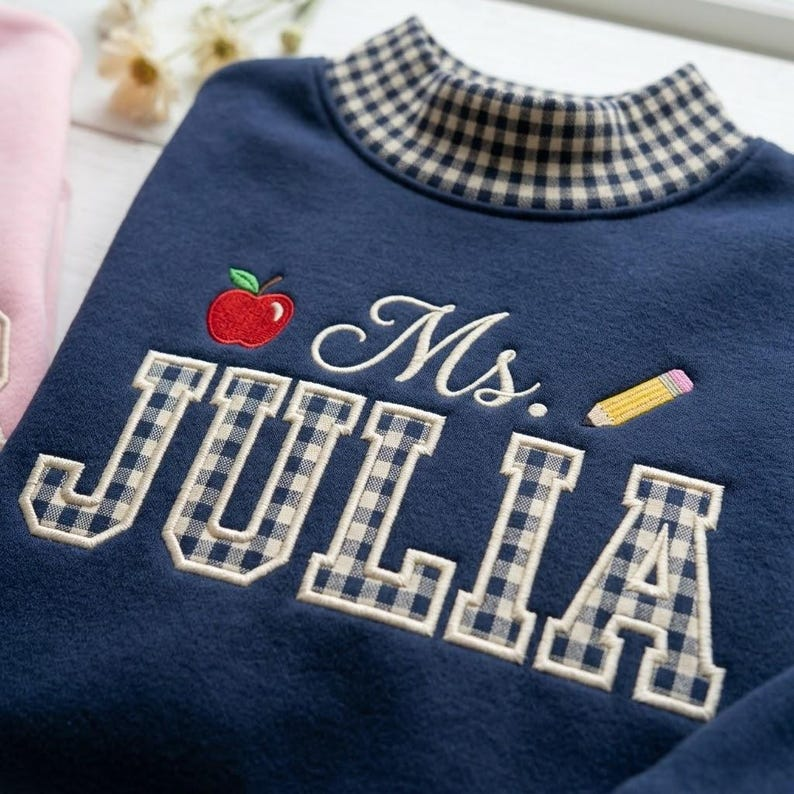 Personalized Teacher Sweatshirt, Custom Name Teacher Crewneck, Gingham Teacher Shirt, Embroidered Style Teacher Gift, Back to School Gift