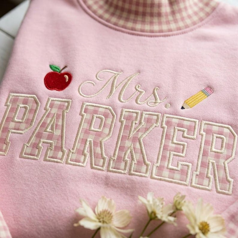 Personalized Teacher Sweatshirt, Custom Name Teacher Crewneck, Gingham Teacher Shirt, Embroidered Style Teacher Gift, Back to School Gift