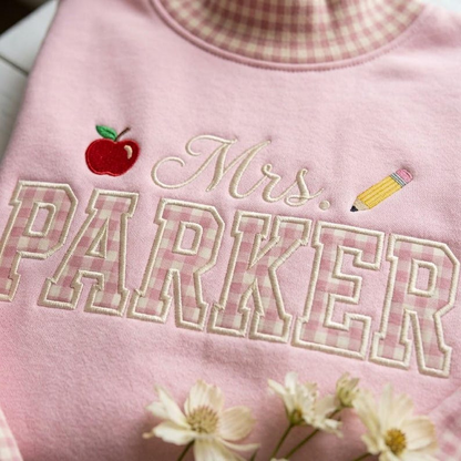 Personalized Teacher Sweatshirt, Custom Name Teacher Crewneck, Gingham Teacher Shirt, Embroidered Style Teacher Gift, Back to School Gift