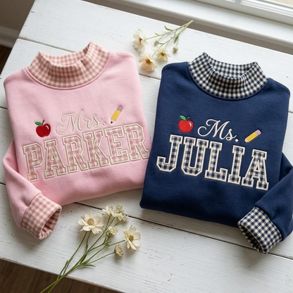 Personalized Teacher Sweatshirt, Custom Name Teacher Crewneck, Gingham Teacher Shirt, Embroidered Style Teacher Gift, Back to School Gift