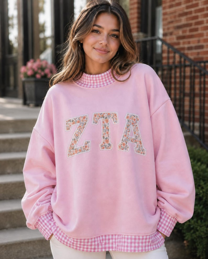 Custom Greek Sorority Gingham Applique Sweatshirt, Embroidered Letter Mock Neck Crewneck, College Outfit Gift, Team Outfit