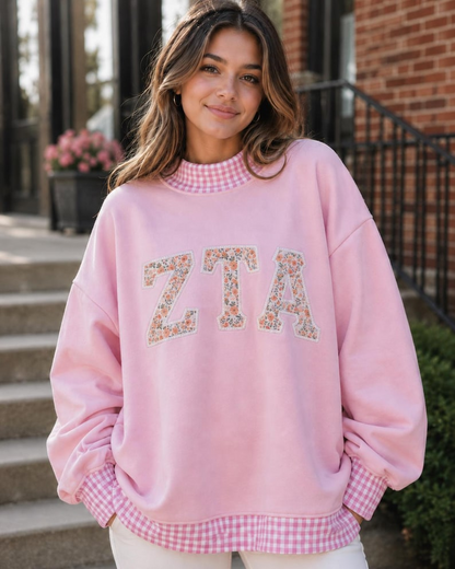 Custom Greek Sorority Gingham Applique Sweatshirt, Embroidered Letter Mock Neck Crewneck, College Outfit Gift, Team Outfit