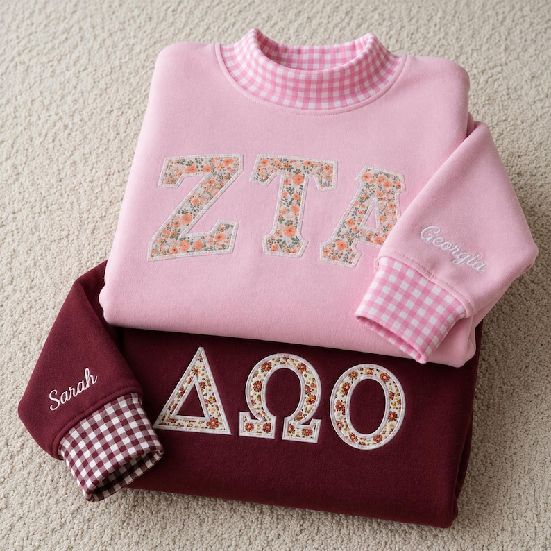 Custom Greek Sorority Gingham Applique Sweatshirt, Embroidered Letter Mock Neck Crewneck, College Outfit Gift, Team Outfit