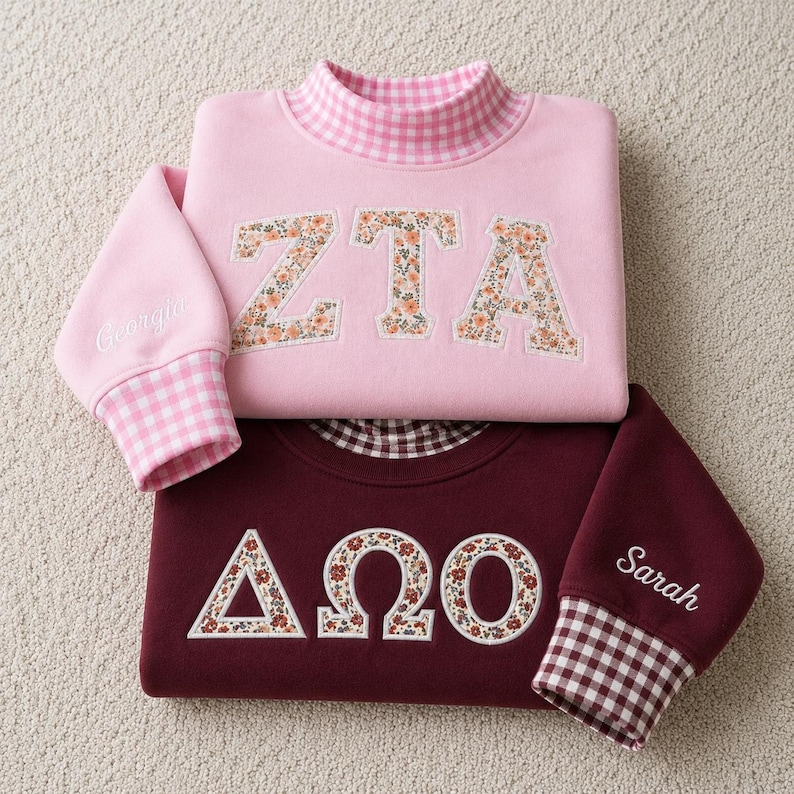 Custom Greek Sorority Gingham Applique Sweatshirt, Embroidered Letter Mock Neck Crewneck, College Outfit Gift, Team Outfit