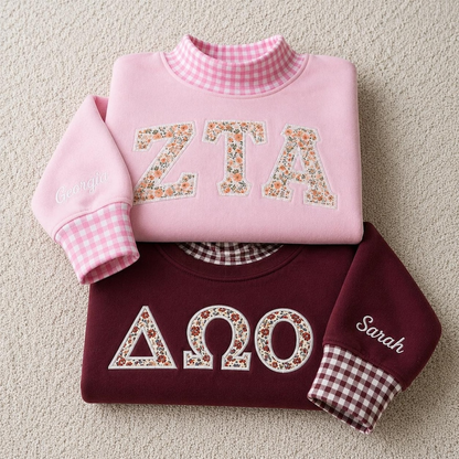 Custom Greek Sorority Gingham Applique Sweatshirt, Embroidered Letter Mock Neck Crewneck, College Outfit Gift, Team Outfit