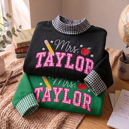 Embroidered Teacher Mock Neck Shirt, Gingham Name Pullover, Custom School Apparel, Educator Appreciation Gift, Teacher Appreciation Gift