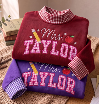 Embroidered Teacher Mock Neck Shirt, Gingham Name Pullover, Custom School Apparel, Educator Appreciation Gift, Teacher Appreciation Gift