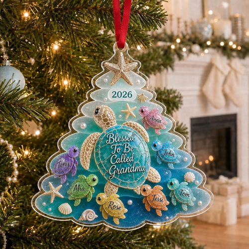 Personalized Grandma Sea Turtle Ornament, Custom Grandkids Names Christmas Gift, Coastal Family Acrylic Ornament, Grandma Gift 2026