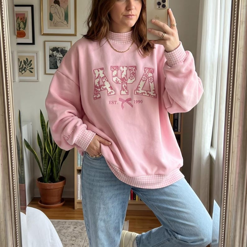 Custom Greek Sorority Gingham Sweatshirt, Applique Greek Letters, Embroidered Mock Neck Crewneck, Personalized College Shirt, Sorority Gift